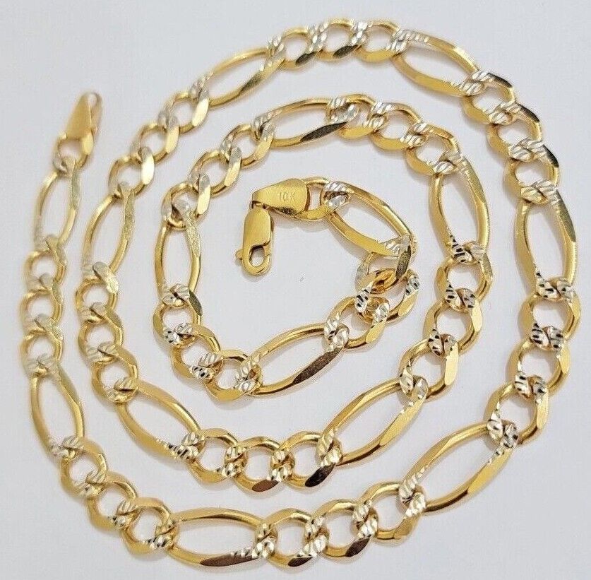 Figaro Link Chain Real 10k Yellow Gold 8mm Necklace 18 - 30 Inch Solid Two Tone - GoldenLinQ