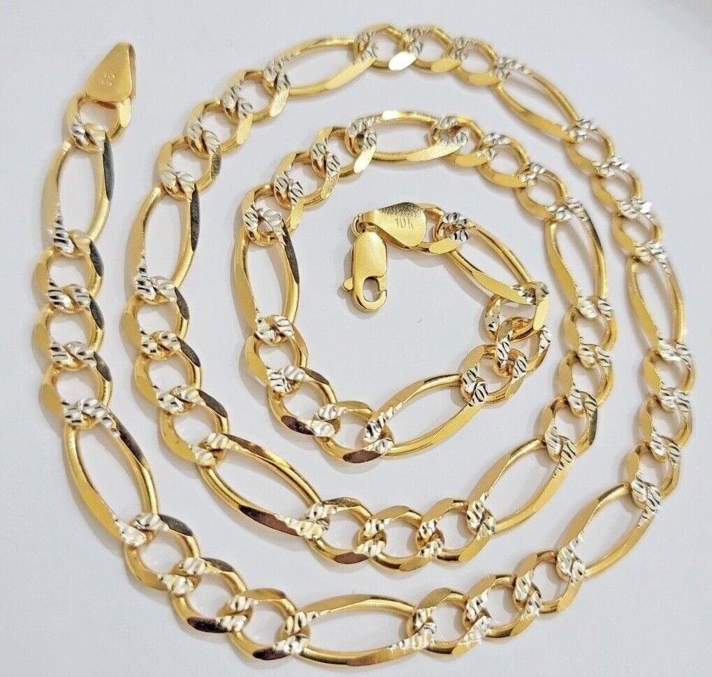 Figaro Link Chain Real 10k Yellow Gold 8mm Necklace 18 - 30 Inch Solid Two Tone - GoldenLinQ