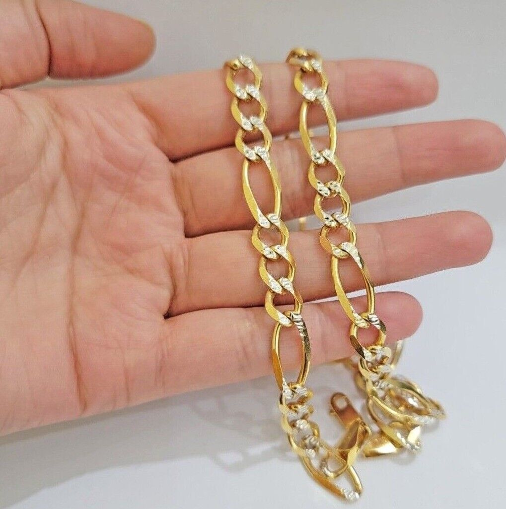 Figaro Link Chain Real 10k Yellow Gold 8mm Necklace 18 - 30 Inch Solid Two Tone - GoldenLinQ