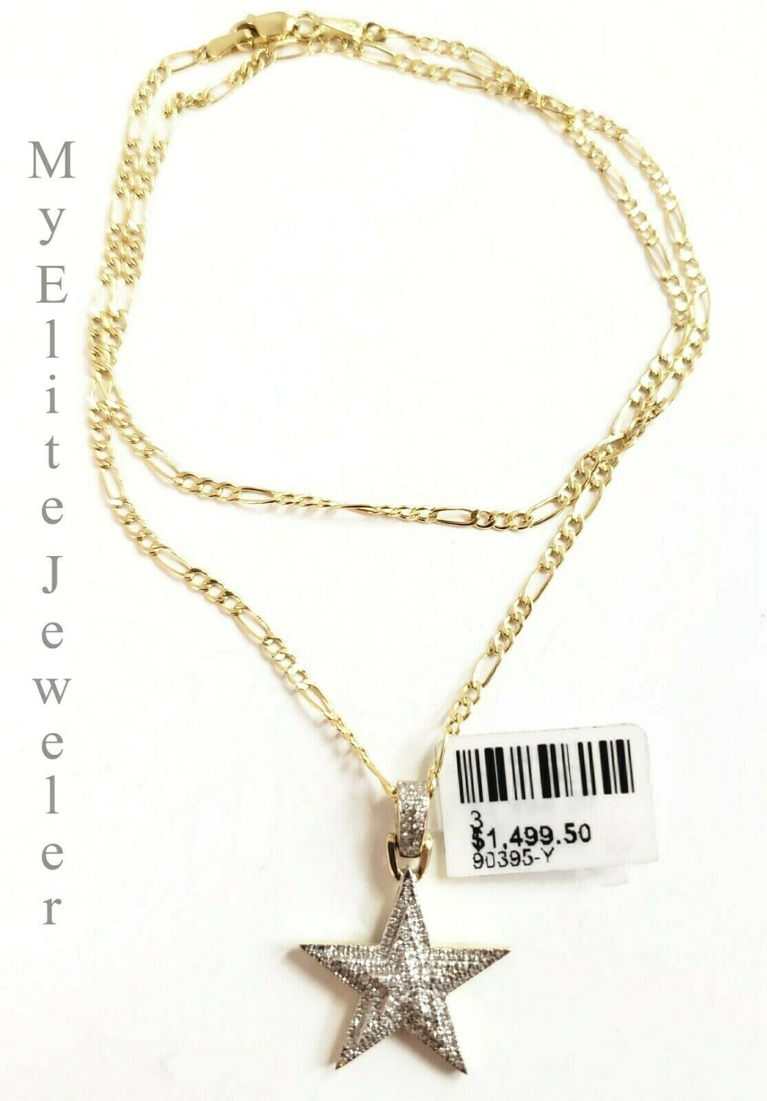 Ladies 10K Solid Star 0.19 CT Diamond Charm Necklace Gold Figaro Chain 18 Inch - GoldenlinQ