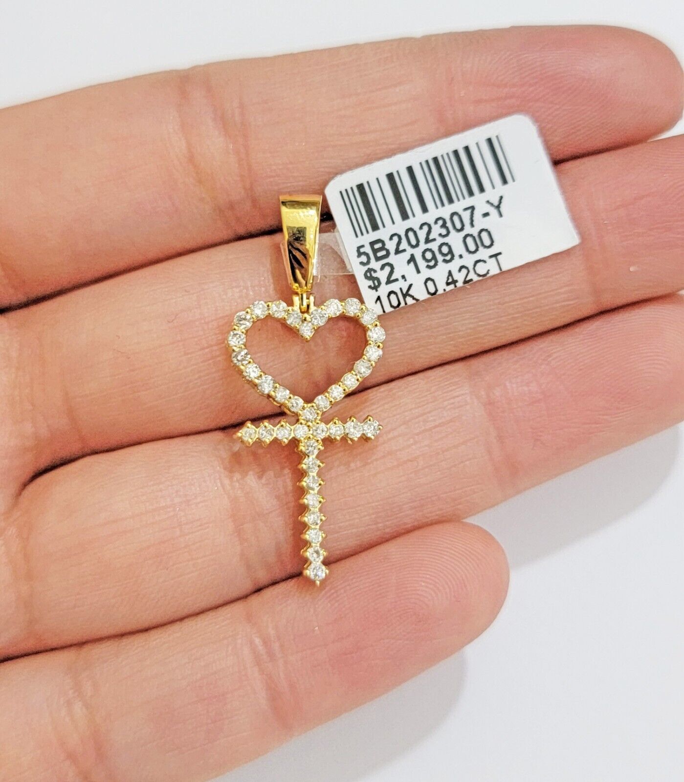 Ladies charm pendant Real 10k gold Natural Diamonds Heart Ankh Cross For Women - GoldenlinQ