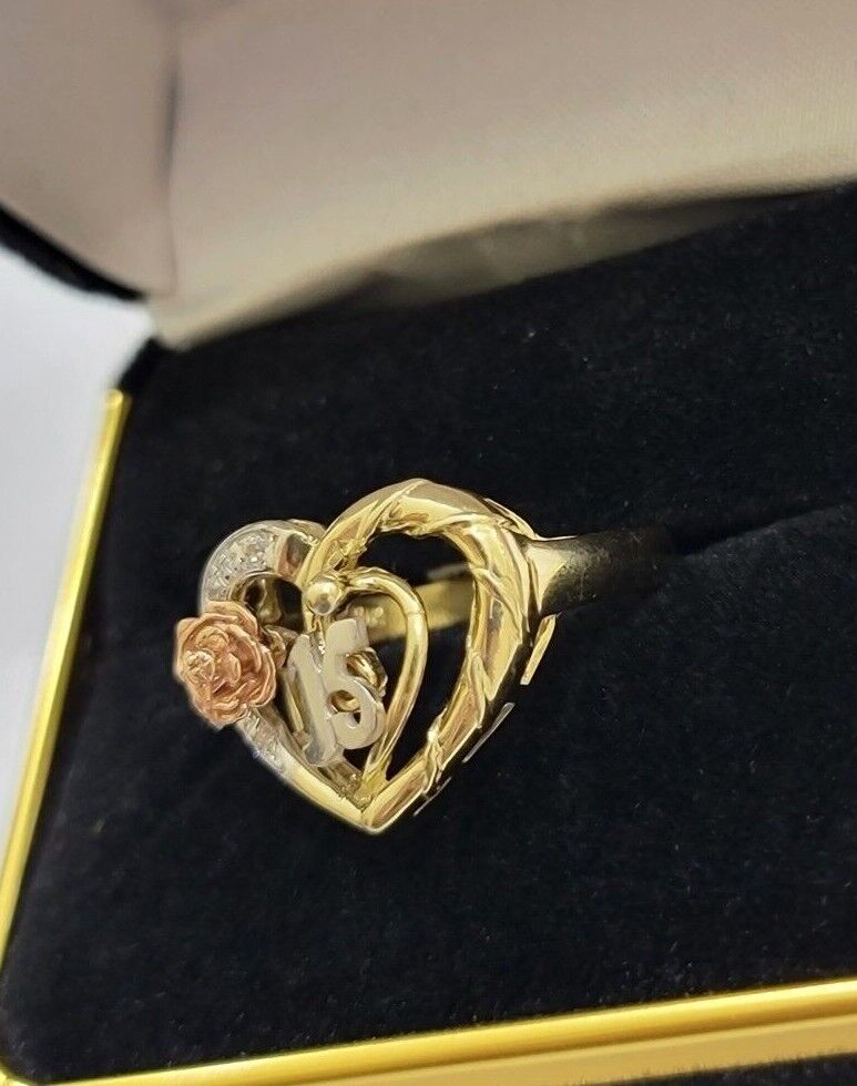 Ladies Ring 10k Gold Quinceanera 15 Anos Year Girls 10KT Yellow Hearts REAL SALE - GoldenlinQ