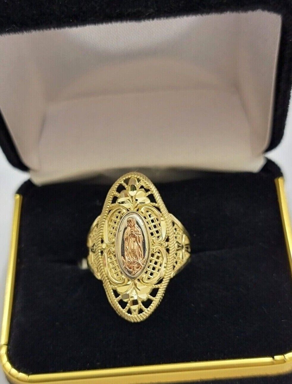 Ladies Ring 10k Yellow Gold Virgin Mary Cross 10KT REAL Gold Unique Size 7 SALE - GoldenLinQ