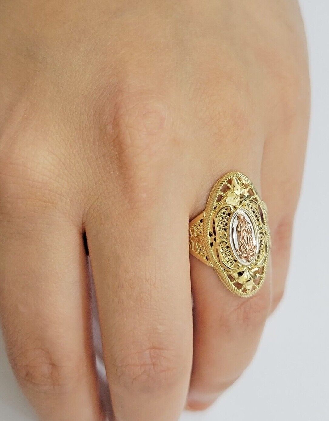 Ladies Ring 10k Yellow Gold Virgin Mary Cross 10KT REAL Gold Unique Size 7 SALE - GoldenLinQ