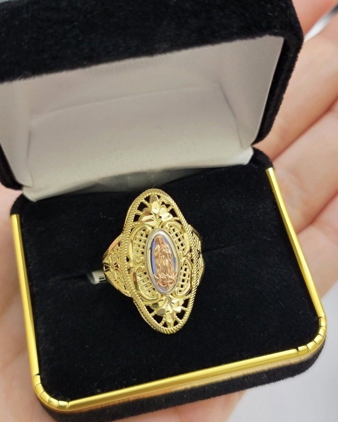 Ladies Ring 10k Yellow Gold Virgin Mary Cross 10KT REAL Gold Unique Size 7 SALE - GoldenLinQ