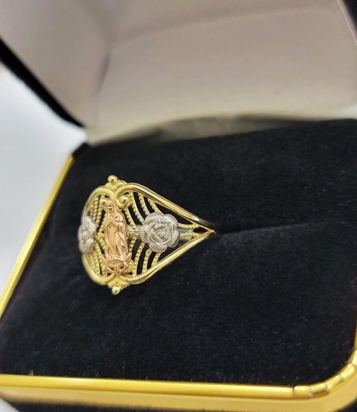 Ladies Ring 10k Yellow Gold Virgin Mary Cross 10KT REAL Gold Unique Size 7 SALE - GoldenLinQ