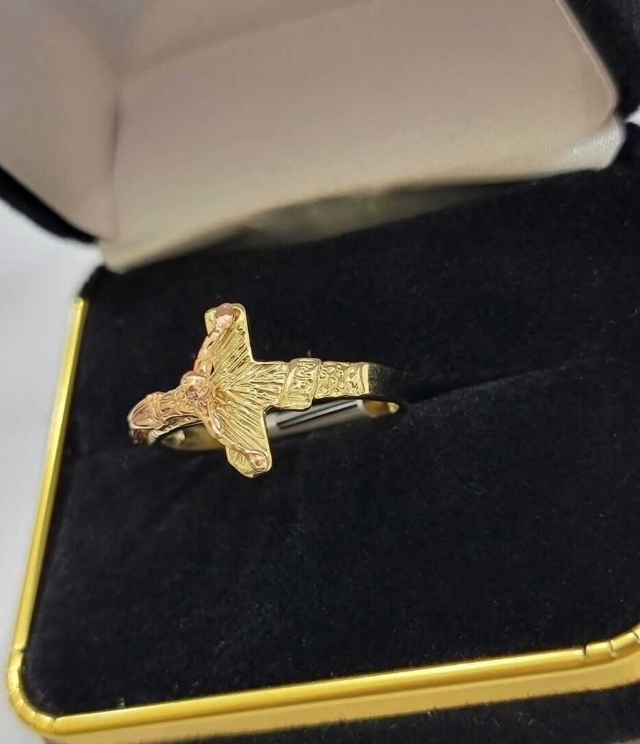 Ladies Ring 10k Yellow Rose Gold Jesus Cross REAL Crucifix Unique Band For SALE - GoldenLinQ