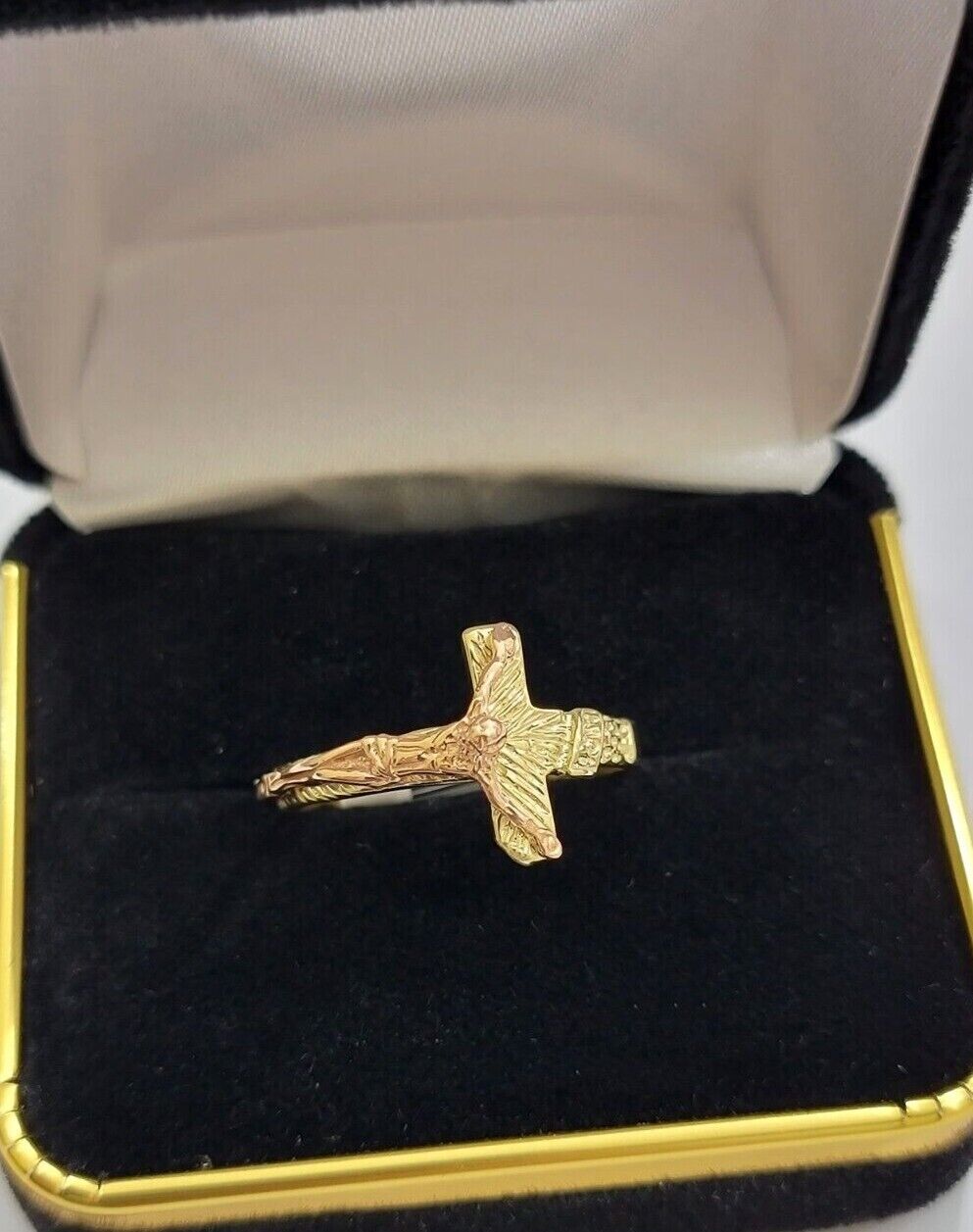 Ladies Ring 10k Yellow Rose Gold Jesus Cross REAL Crucifix Unique Band For SALE - GoldenLinQ