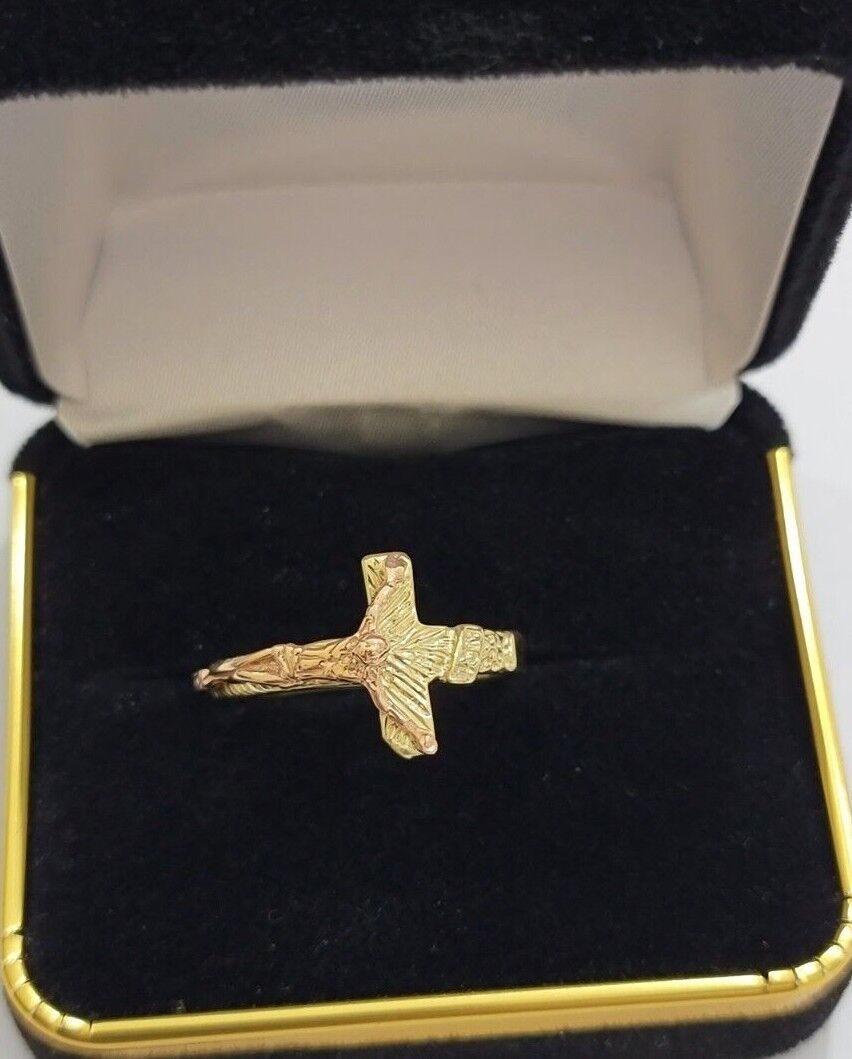 Ladies Ring 10k Yellow Rose Gold Jesus Cross REAL Crucifix Unique Band For SALE - GoldenLinQ