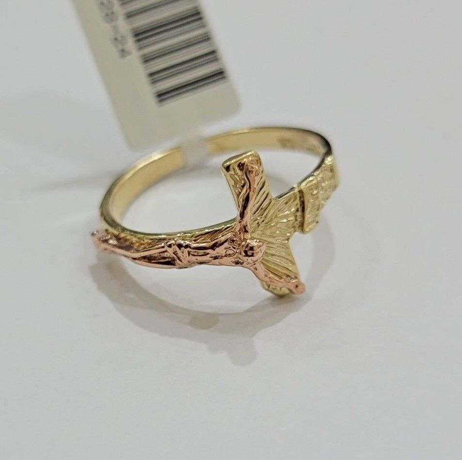 Ladies Ring 10k Yellow Rose Gold Jesus Cross REAL Crucifix Unique Band For SALE - GoldenLinQ