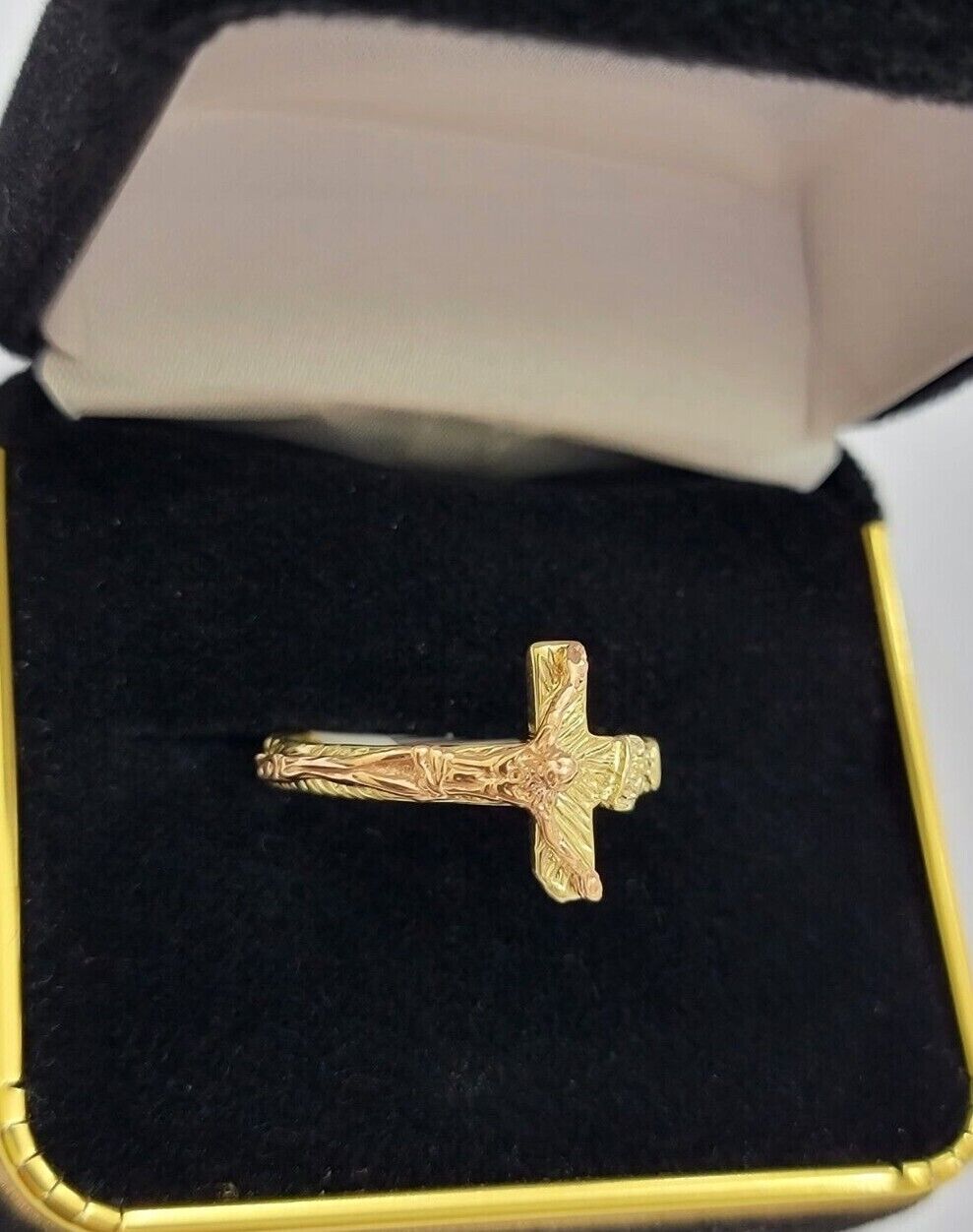 Ladies Ring 10k Yellow Rose Gold Jesus Cross REAL Crucifix Unique Band For SALE - GoldenLinQ