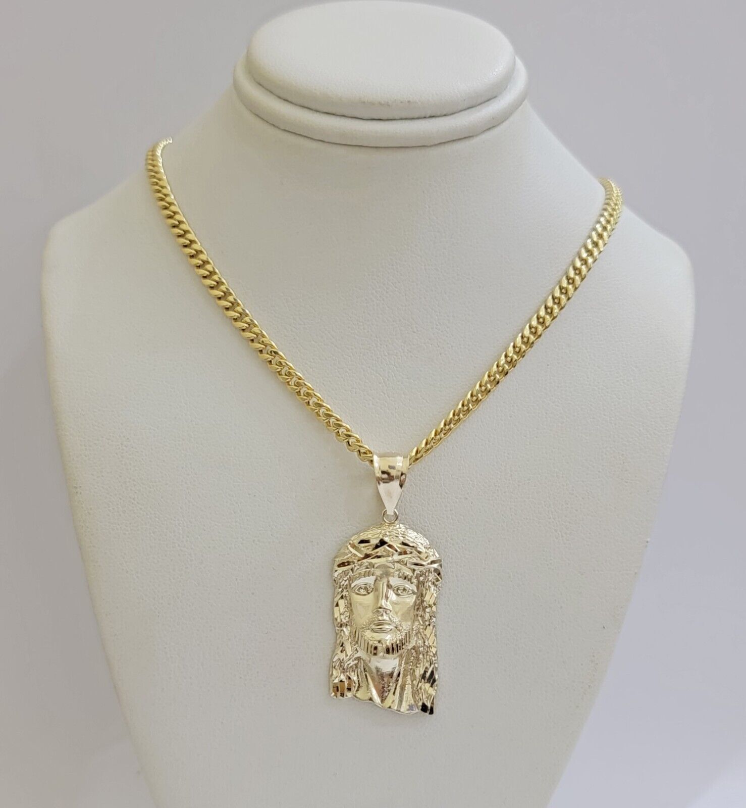 Mens 10k Gold Chain Necklace Charm Pendant SET ,5mm Miami Cuban Link, Jesus Face - GoldenlinQ