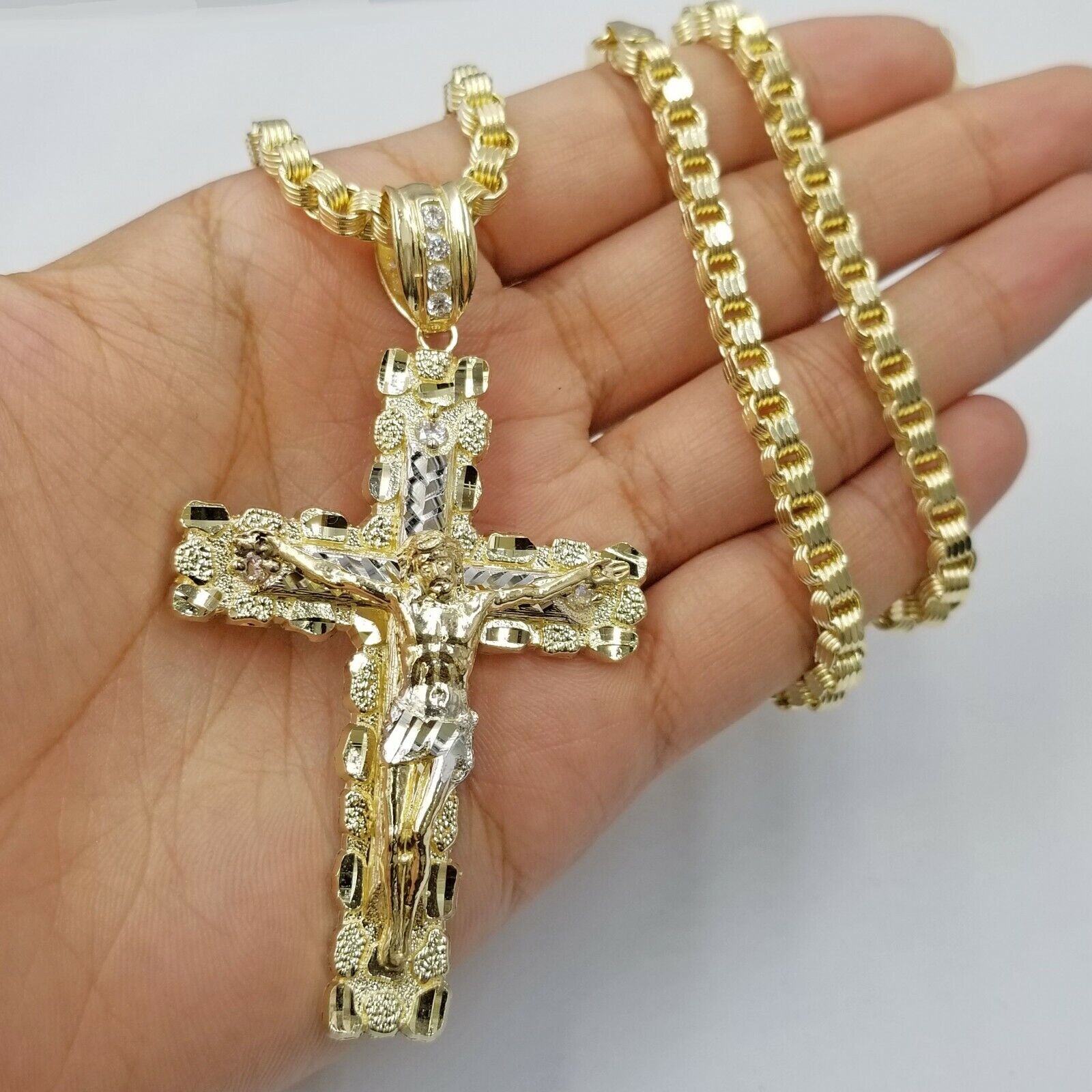 Mens 10k Yellow Gold Cross Charm Diamond Cut Pendant Byzantine Chain in 24" Real - GoldenlinQ