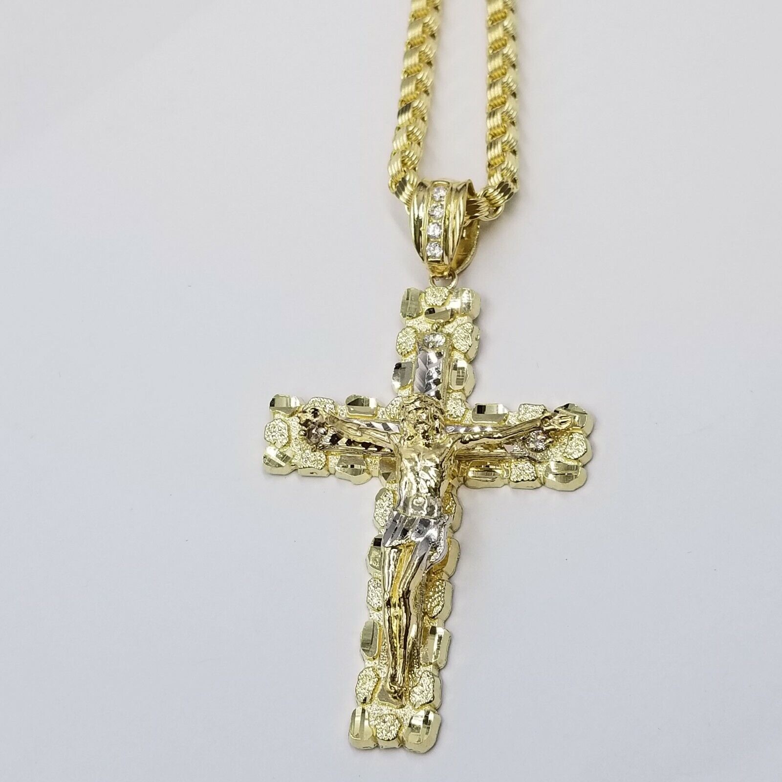 Mens 10k Yellow Gold Cross Charm Diamond Cut Pendant Byzantine Chain in 24" Real - GoldenlinQ