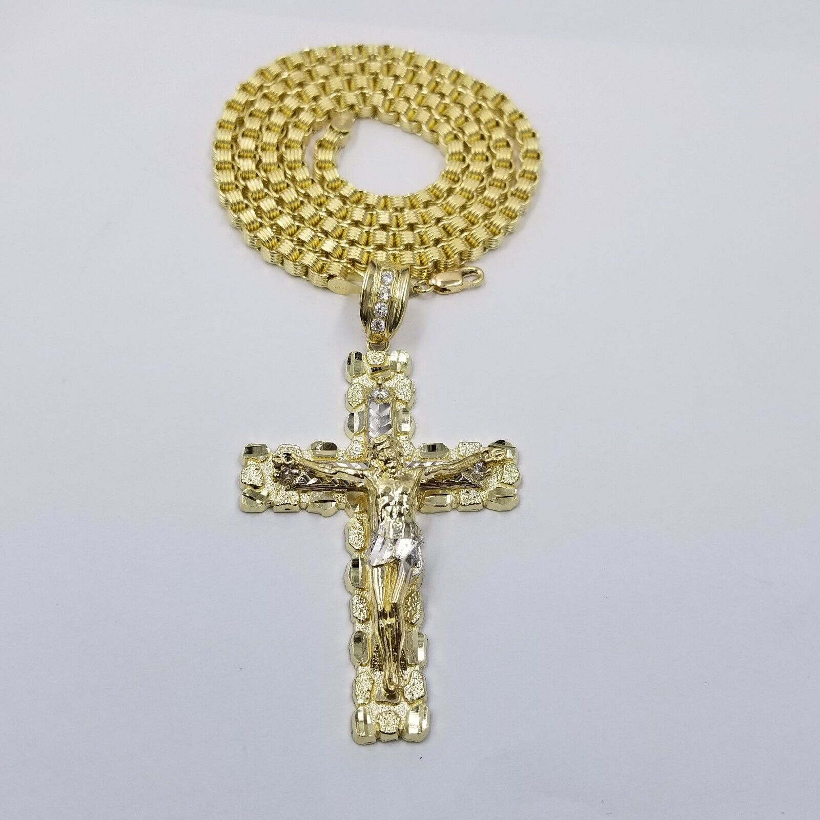 Mens 10k Yellow Gold Cross Charm Diamond Cut Pendant Byzantine Chain in 24" Real - GoldenlinQ