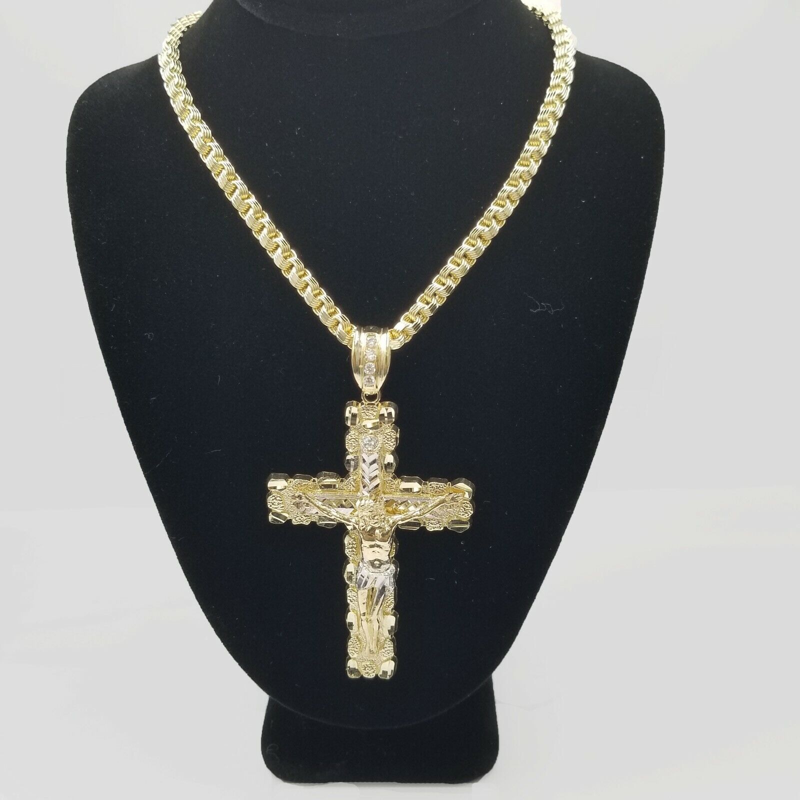 Mens 10k Yellow Gold Cross Charm Diamond Cut Pendant Byzantine Chain in 24" Real - GoldenlinQ