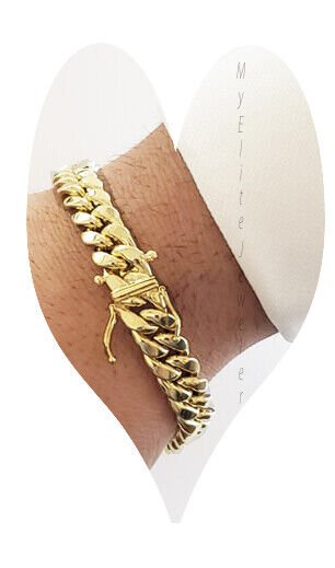 Mens 10K Yellow Gold Miami Cuban Link Bracelet 9mm 10 Inch long Box Lock REAL - GoldenLinQ