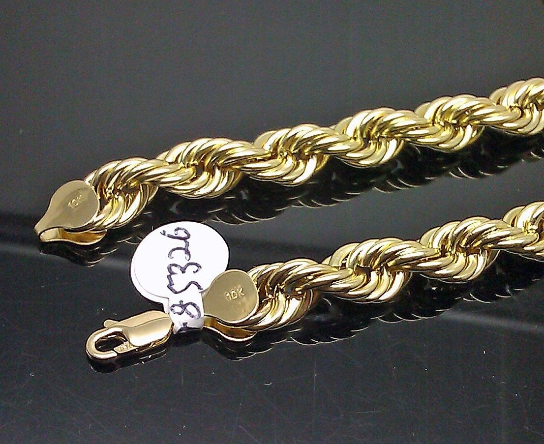 Mens 10K Yellow Gold Rope Chain Thick Necklace 26" 8mm REAL 10KT Diamond cuts - GoldenlinQ