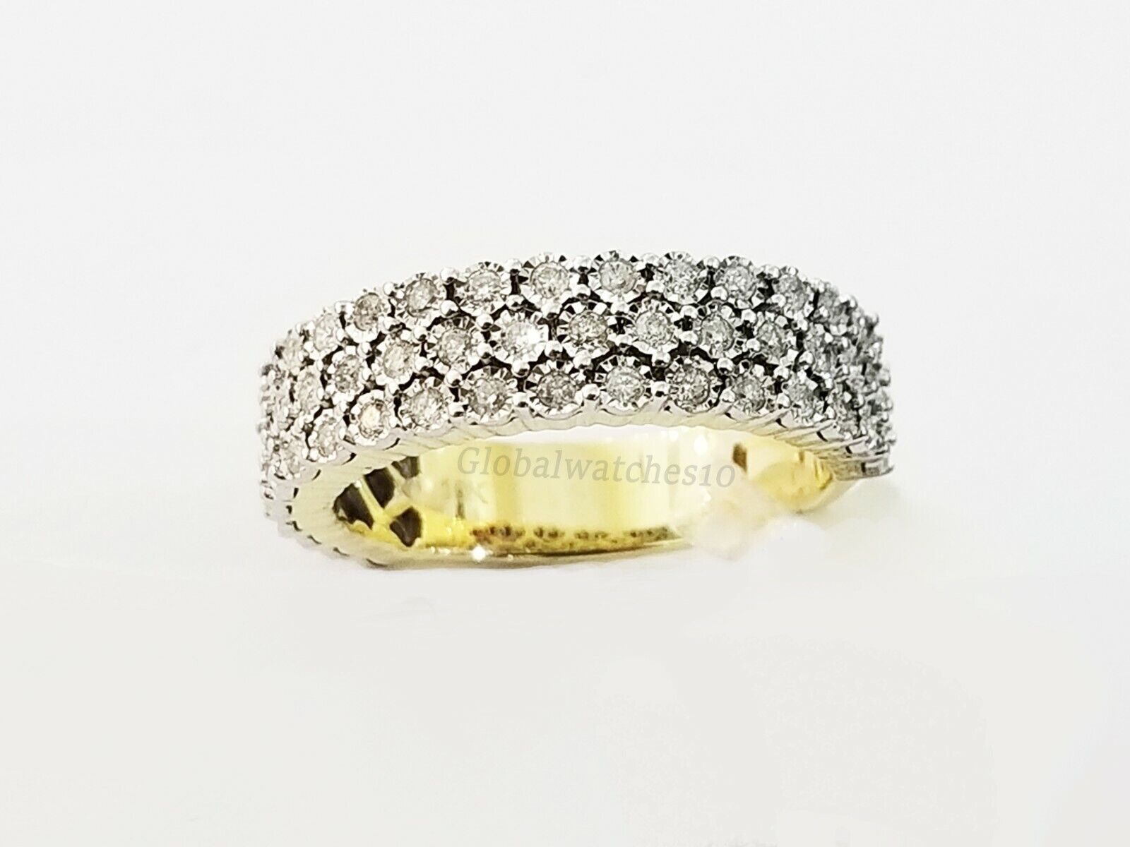 Mens Band 10k Yellow Gold Genuine Diamonds 0.75 CT Ring SIZE 10 Three Row D.REAL - GoldenlinQ