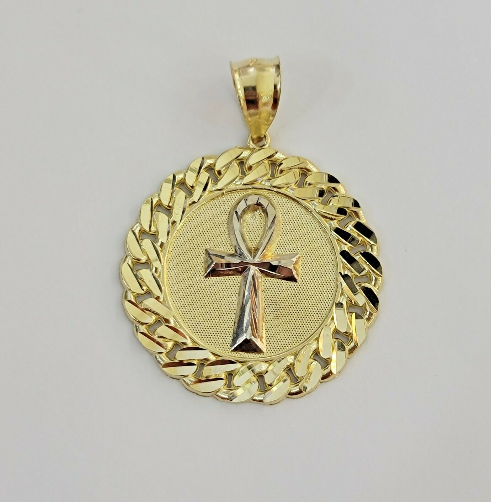 Mens Real 10kt Yellow Gold Ankh Cuban Pendant Charm Medallion Round 10k, Dia Cut - GoldenlinQ