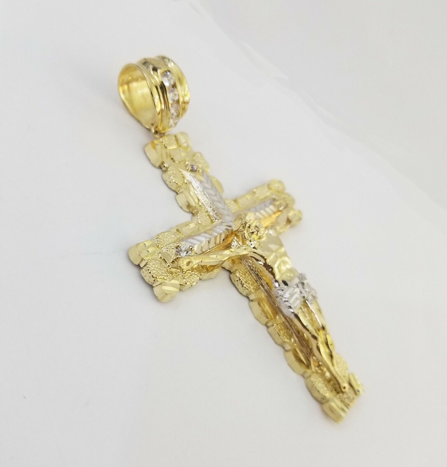 Mens Real10K Gold Nugget Cross Pendant Diamond Cut,10kt yellow Gold Charm - GoldenlinQ