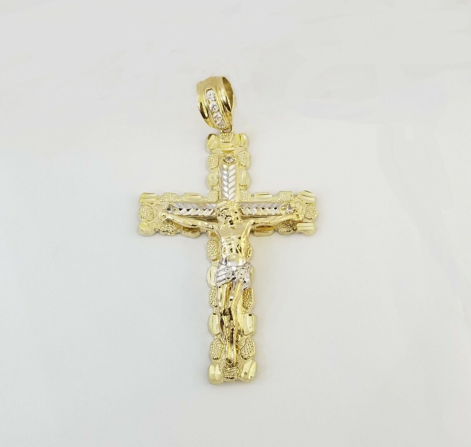 Mens Real10K Gold Nugget Cross Pendant Diamond Cut,10kt yellow Gold Charm - GoldenlinQ