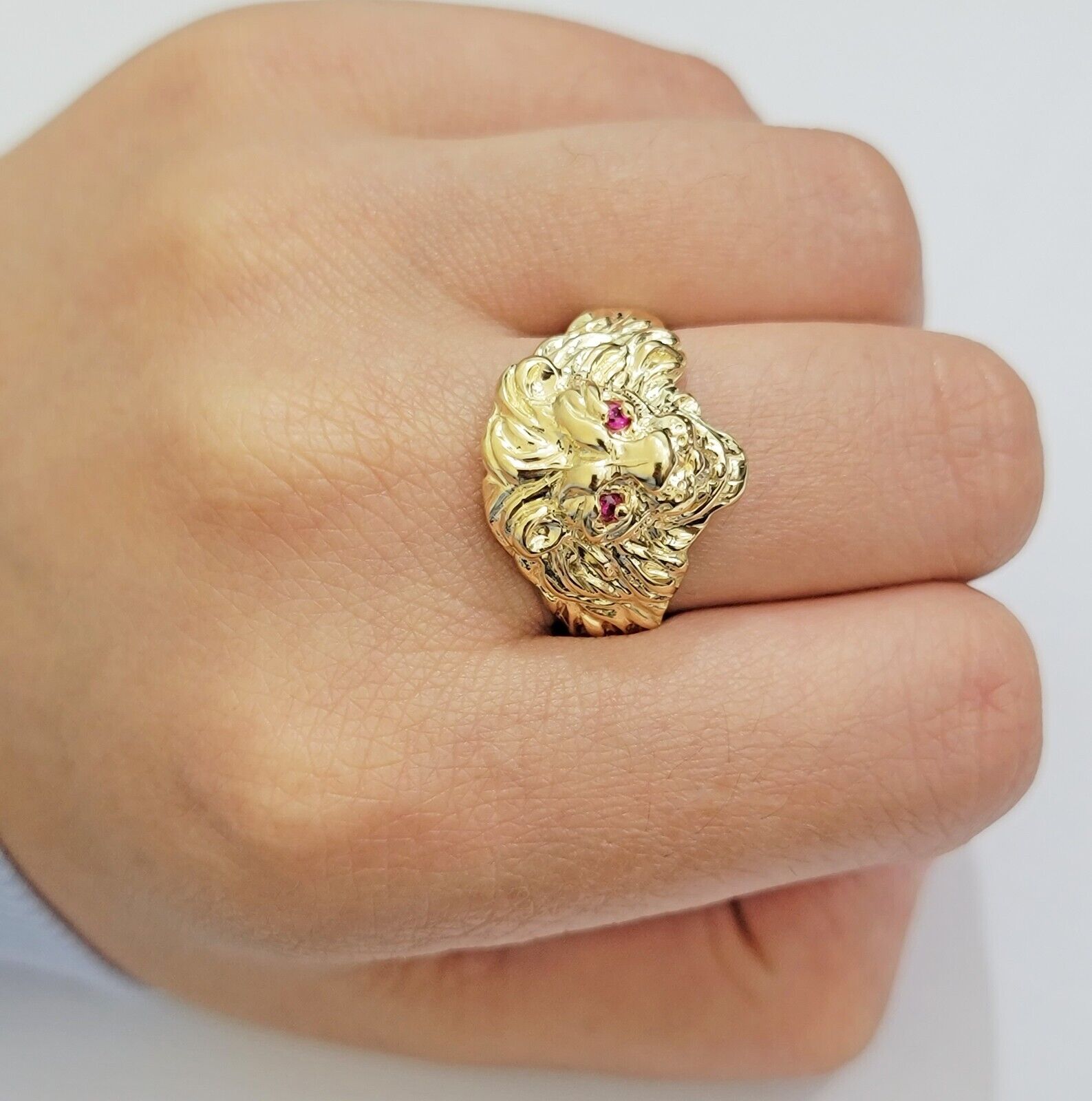 Mens Ring Lion Head REAL 10k Yellow Gold Roaring Lion With Red Eye , 10kt Solid - GoldenlinQ