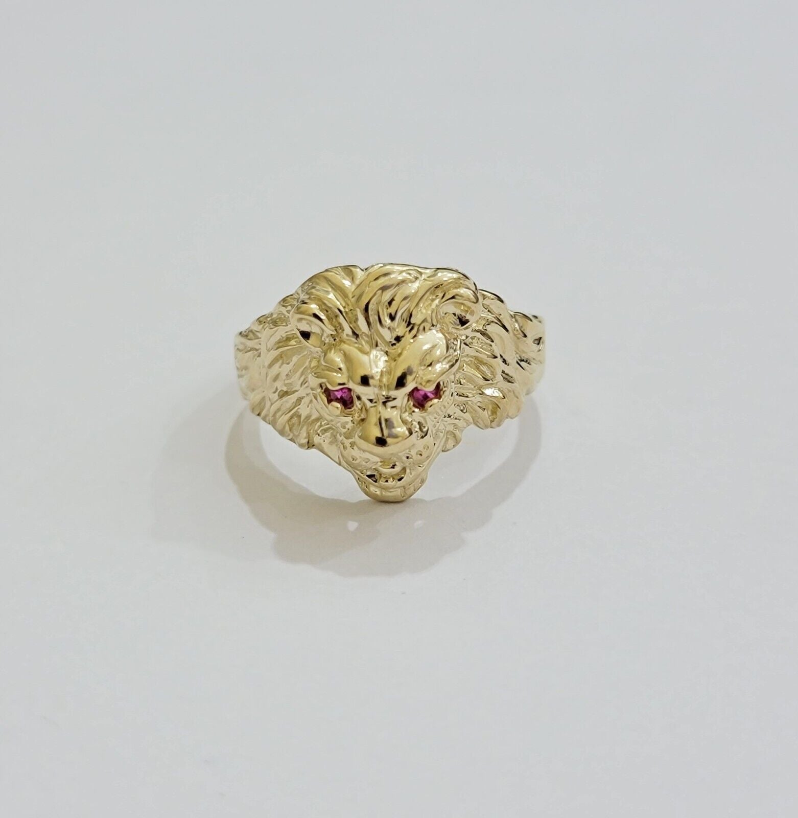 Mens Ring Lion Head REAL 10k Yellow Gold Roaring Lion With Red Eye , 10kt Solid - GoldenlinQ
