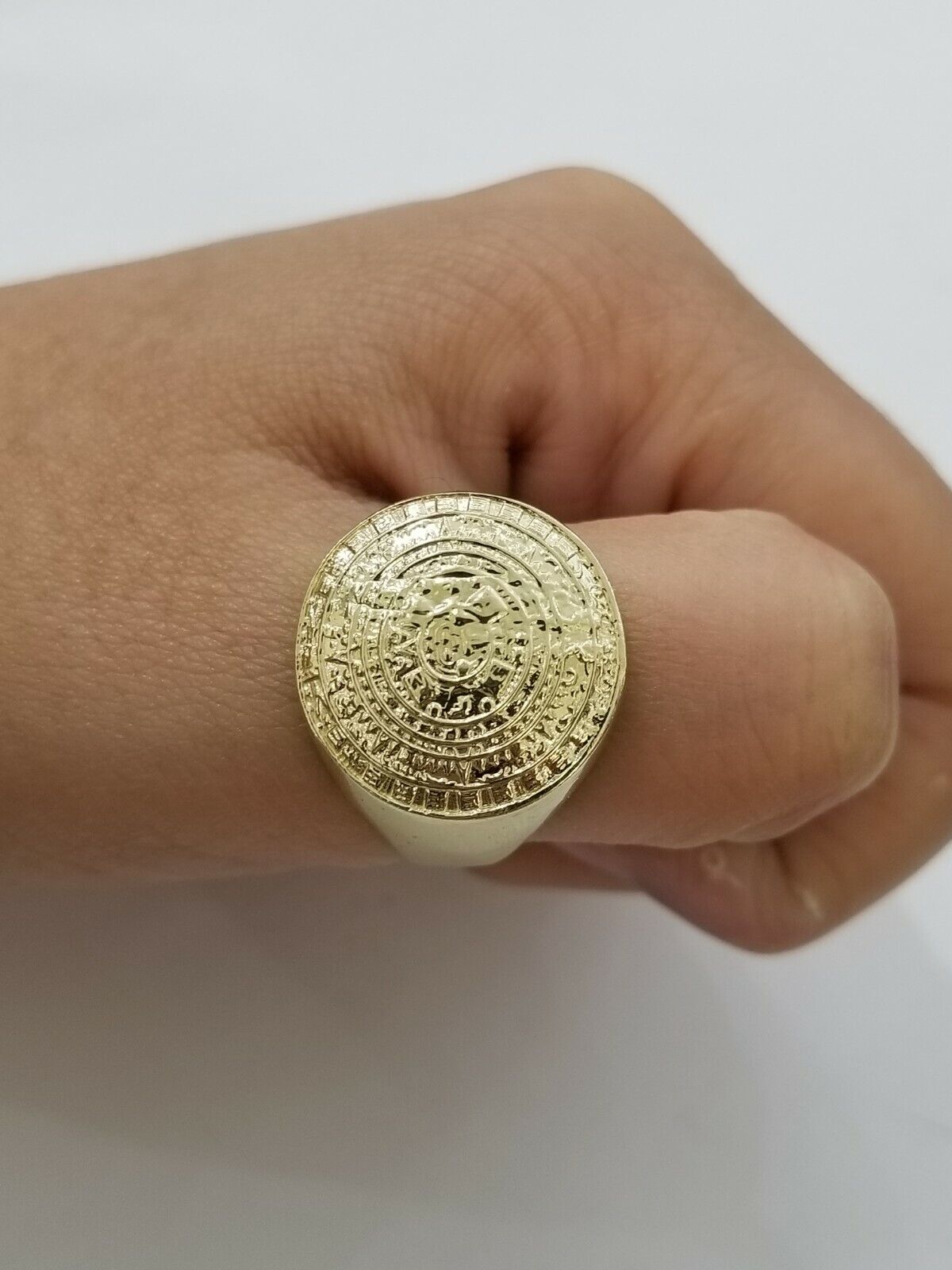 Mens Ring Solid 10k Yellow Gold Aztec Mayan Sun Calendar 10 KT REAL Gold Unique - GoldenlinQ