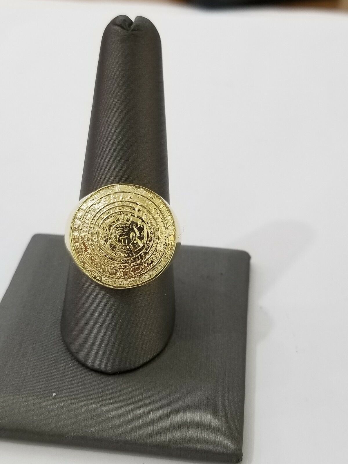 Mens Ring Solid 10k Yellow Gold Aztec Mayan Sun Calendar 10 KT REAL Gold Unique - GoldenlinQ