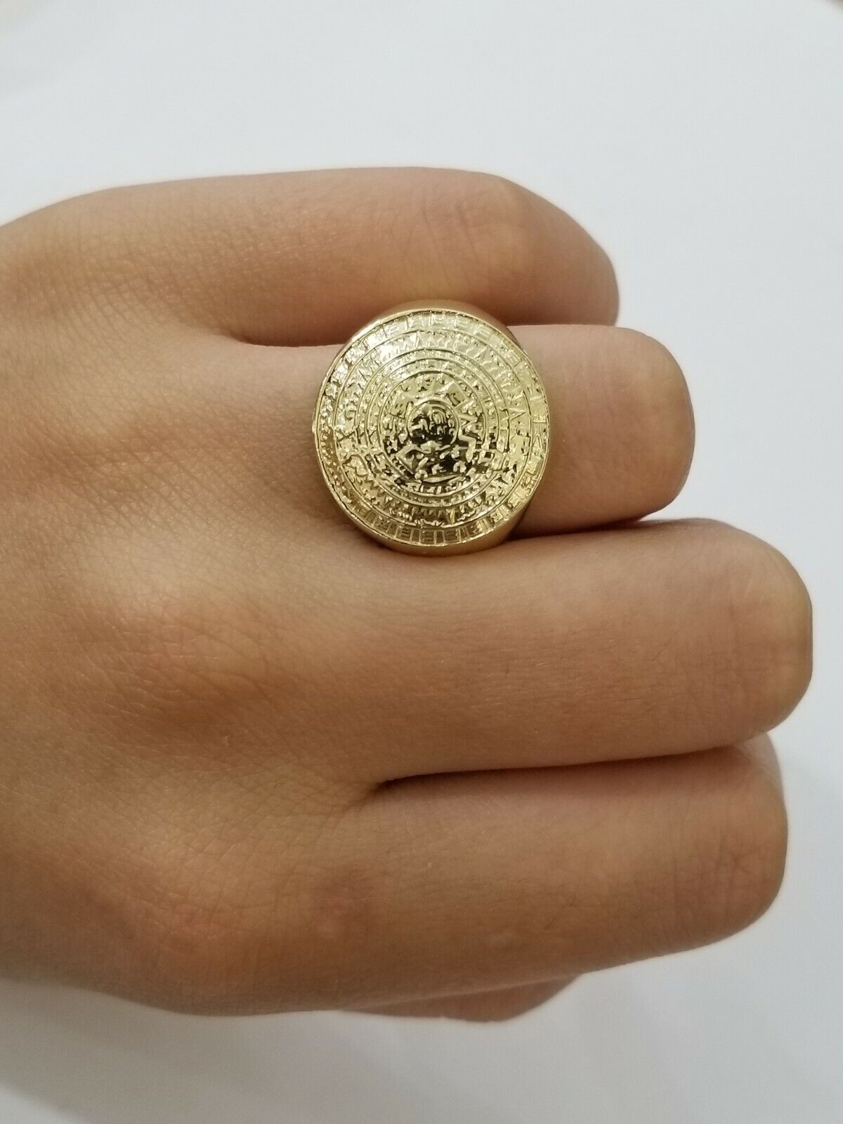 Mens Ring Solid 10k Yellow Gold Aztec Mayan Sun Calendar 10 KT REAL Gold Unique - GoldenlinQ