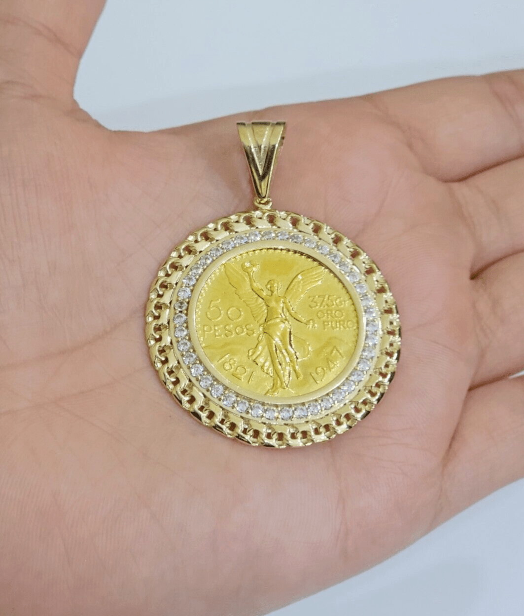 Mexican Centenario Coin 1947 Charm Pendant Replica 50 pesos With Bezel 10kt Gold - GoldenLinQ