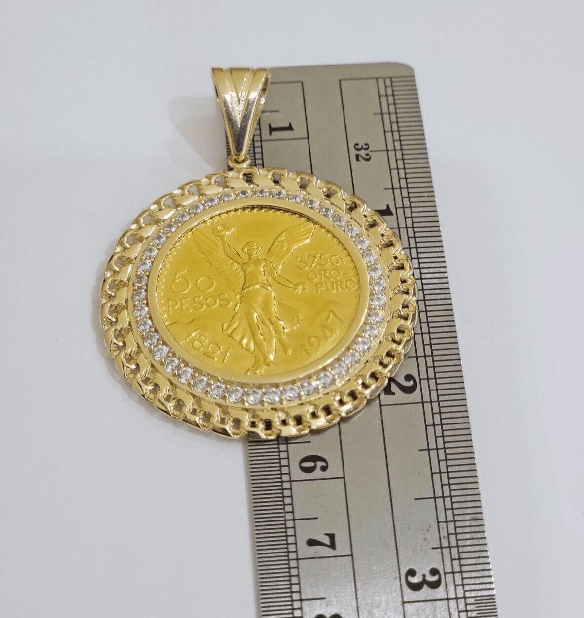 Mexican Centenario Coin 1947 Charm Pendant Replica 50 pesos With Bezel 10kt Gold - GoldenLinQ