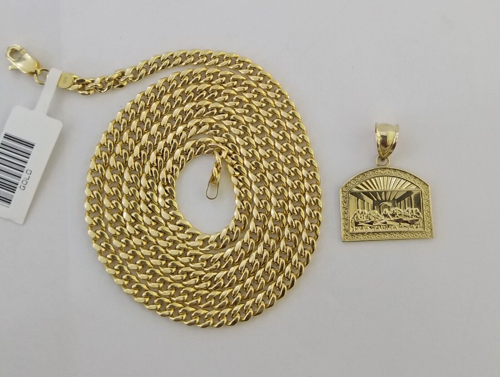 Real 10 k Gold Last Supper Charm Miami Cuban Chain 4mm 24" Necklace pendant set - GoldenlinQ