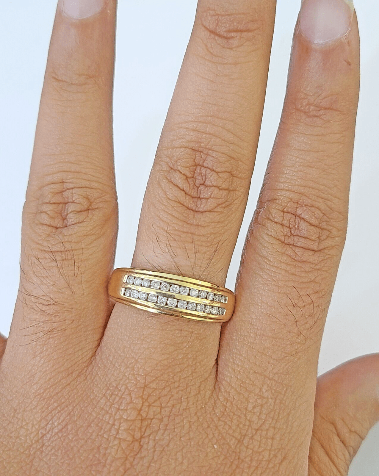 Real 10k 2 Row Diamond Mens Ring Yellow Gold Band Genuine Natural - GoldenlinQ