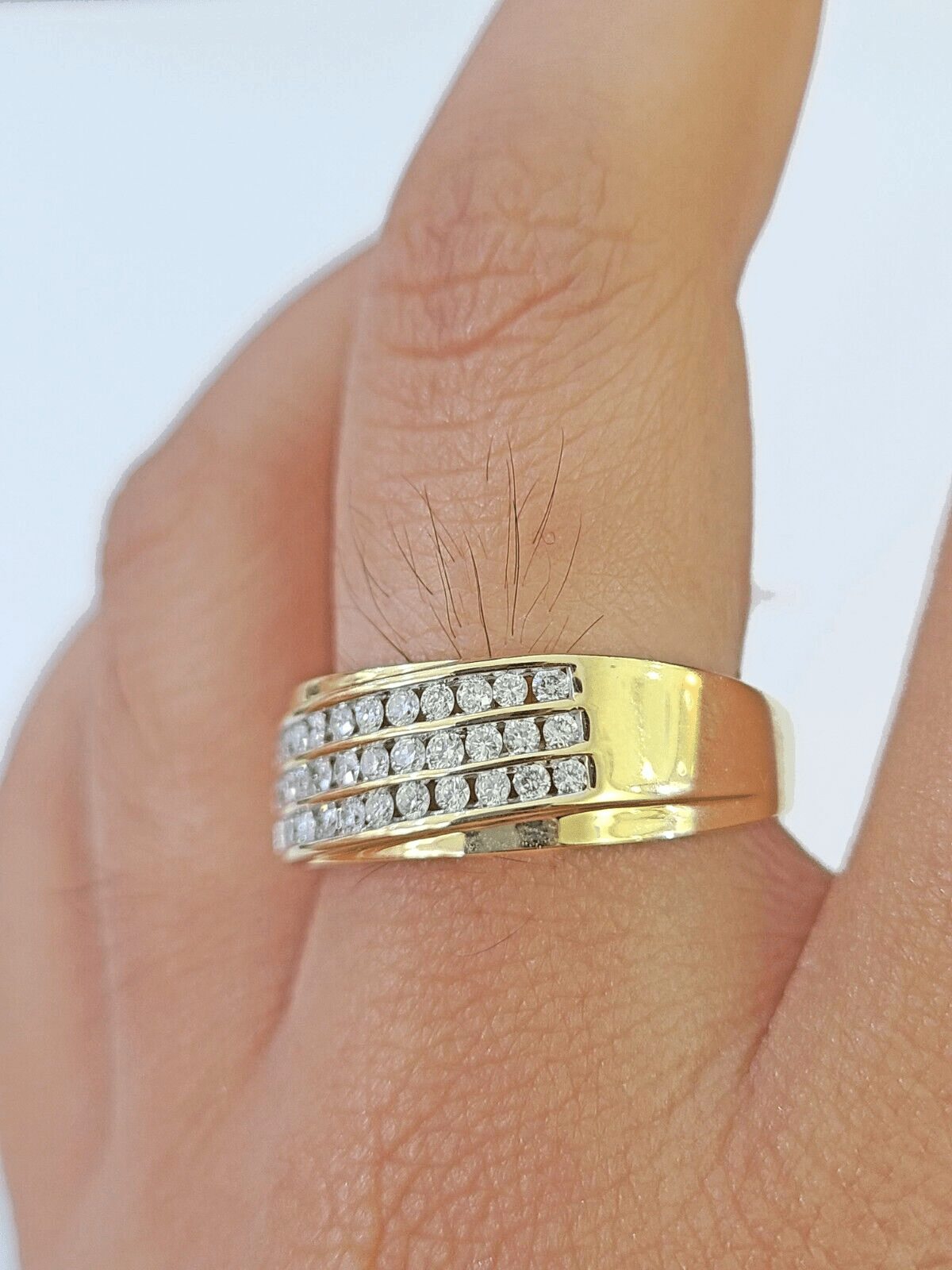 Real 10k 3 Row Diamond Mens Ring Yellow Gold Band Genuine Natural - GoldenlinQ