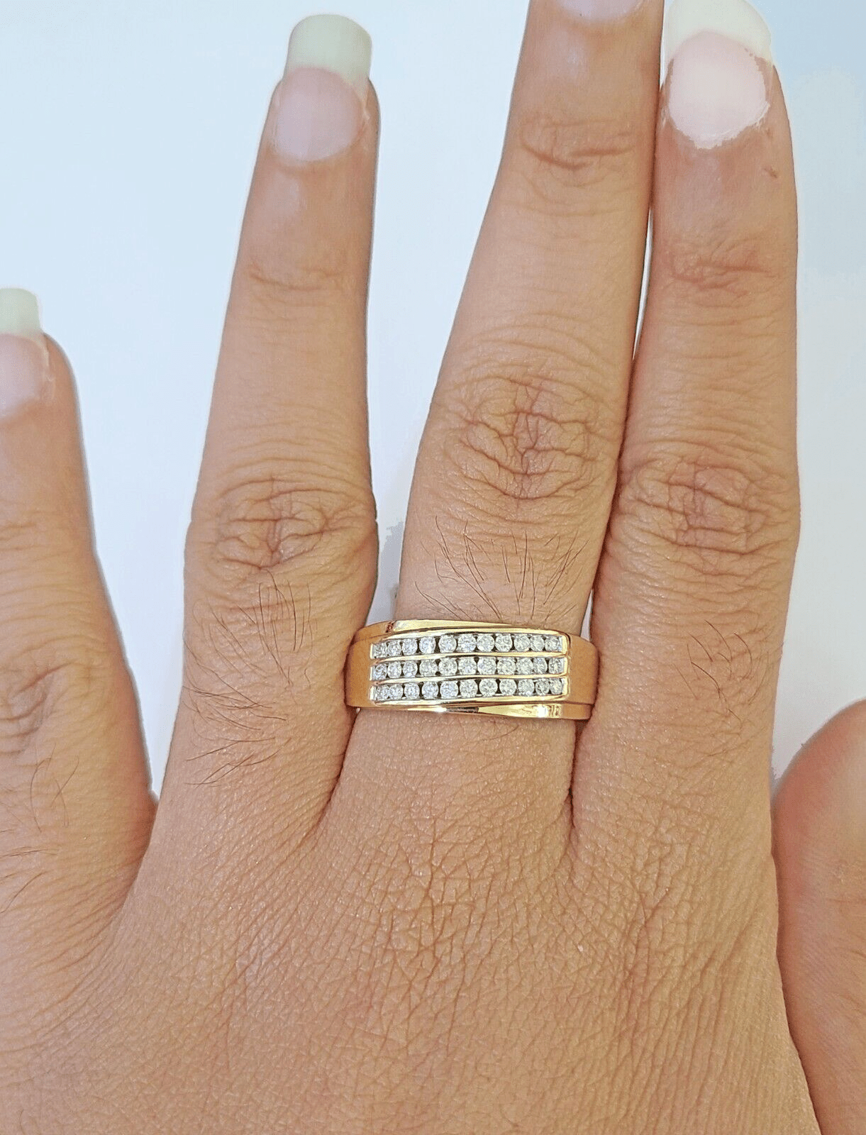 Real 10k 3 Row Diamond Mens Ring Yellow Gold Band Genuine Natural - GoldenlinQ