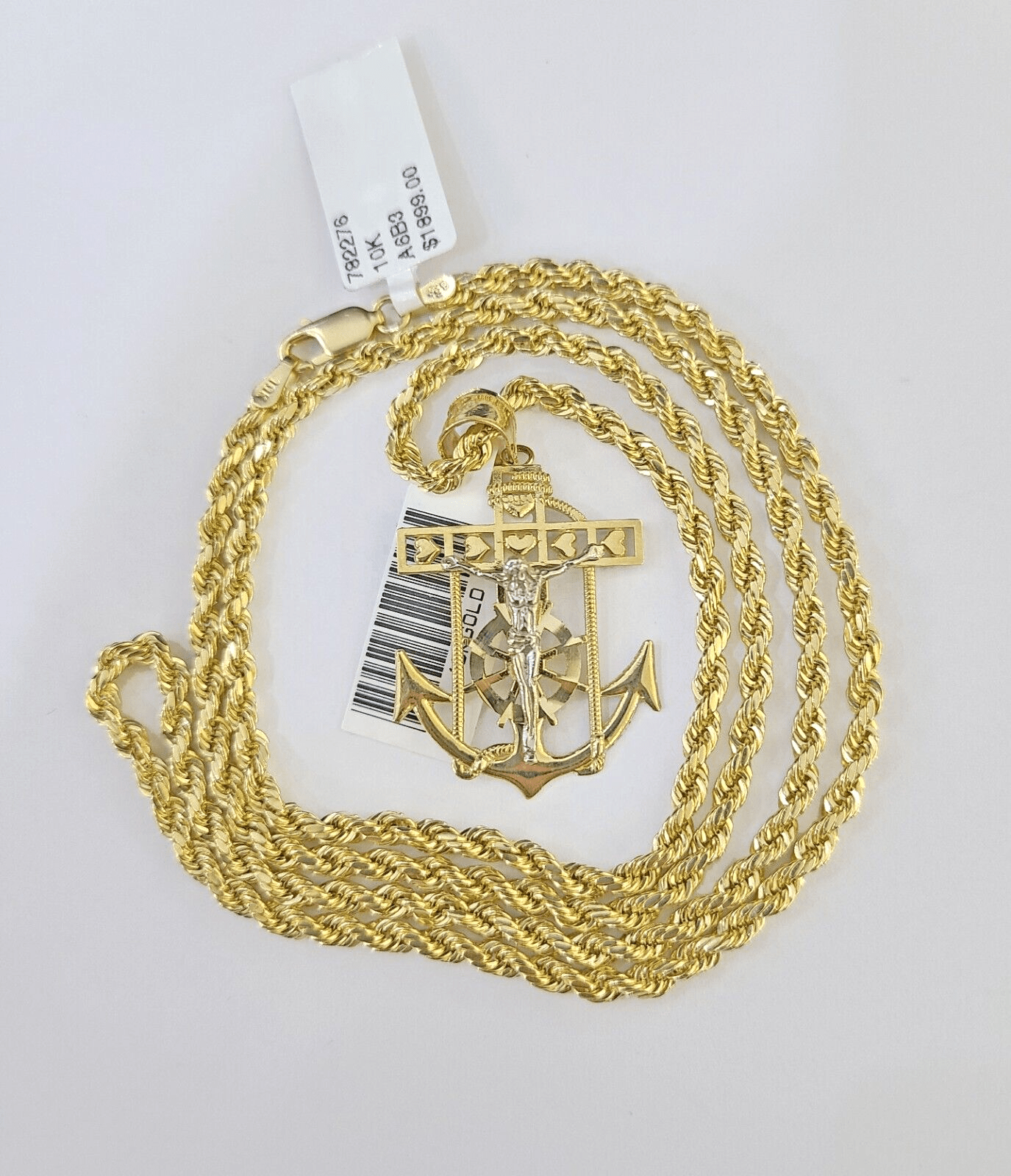 Real 10k 3mm Rope Chain Anchor Pendant 18" 20" 22" 24" 26" Gold Set - GoldenlinQ