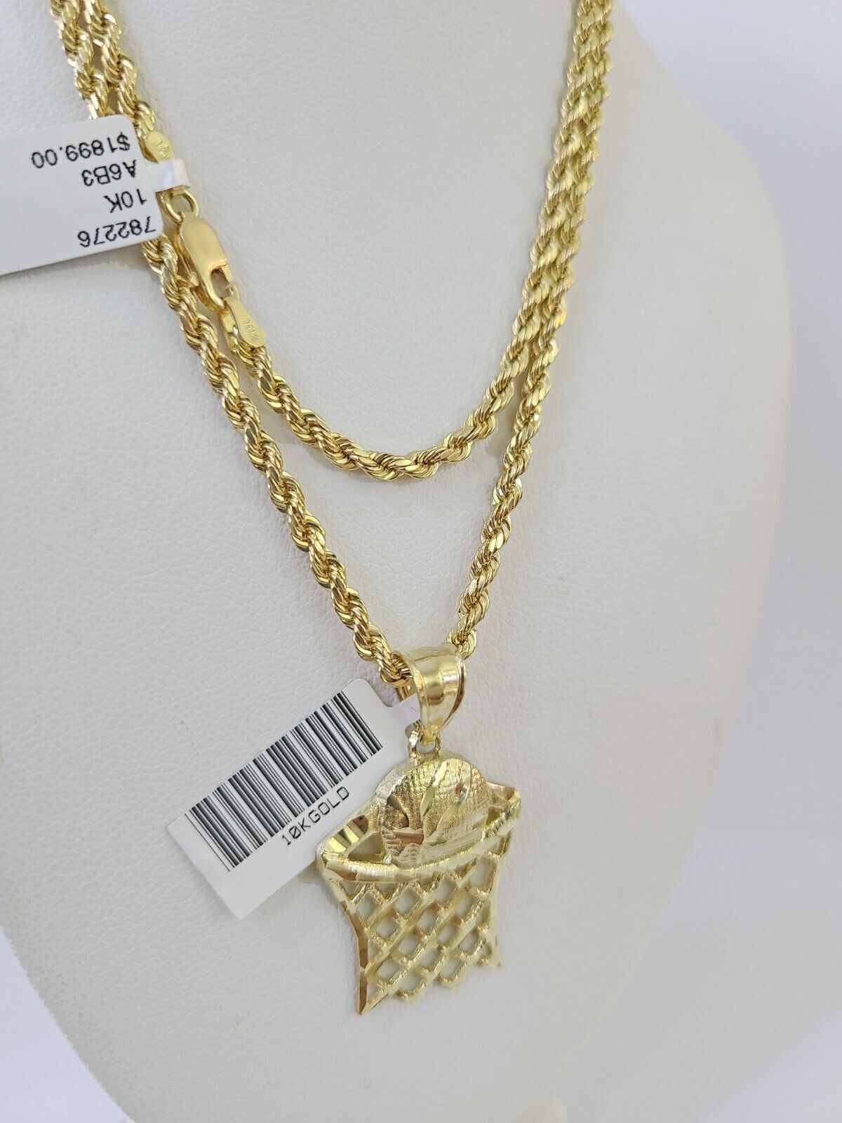 Real 10k 3mm Rope Chain Basketball Pendant 18" 20" 22" 24" 26" Yellow Gold Set - GoldenlinQ