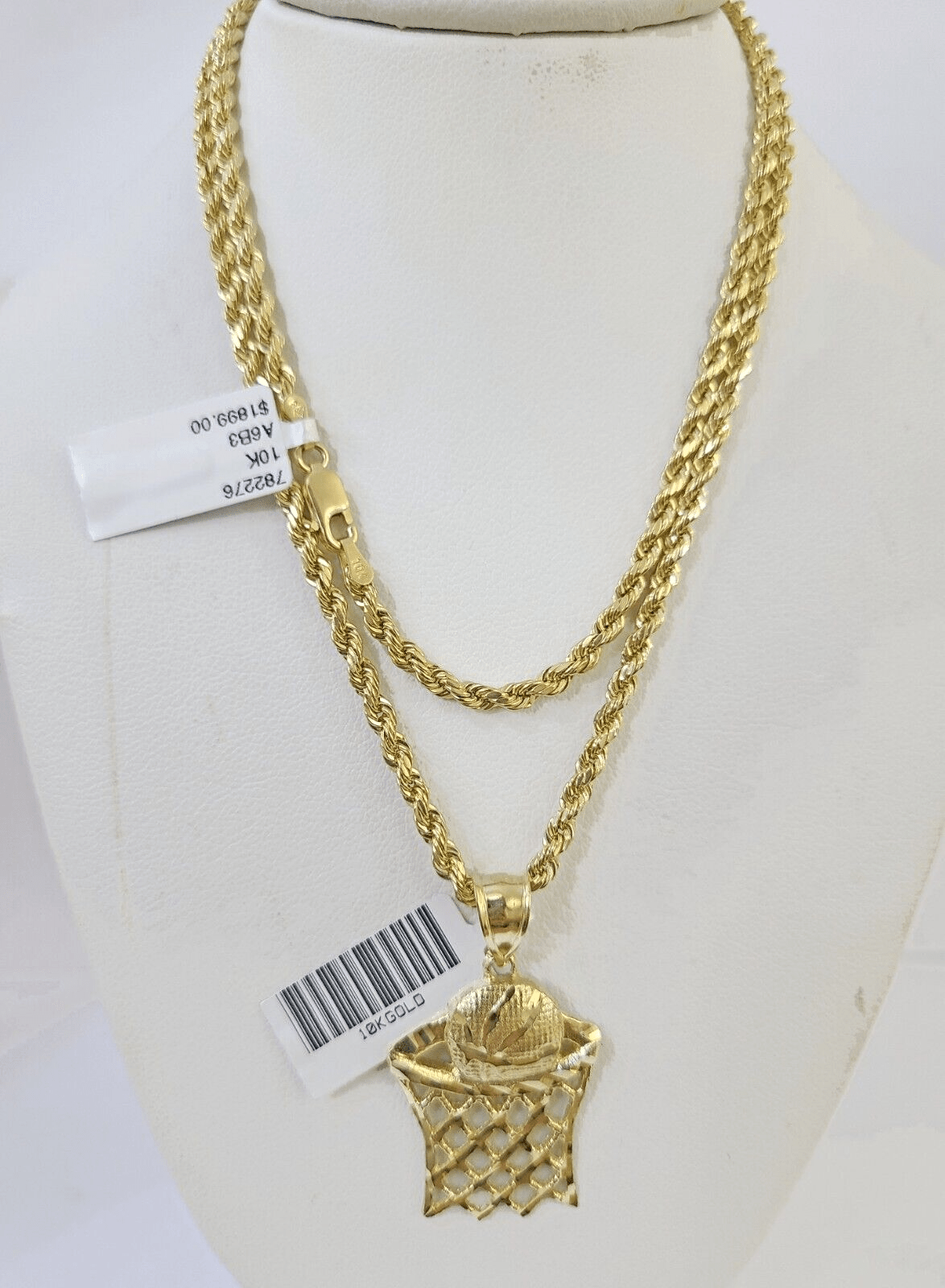 Real 10k 3mm Rope Chain Basketball Pendant 18" 20" 22" 24" 26" Yellow Gold Set - GoldenlinQ