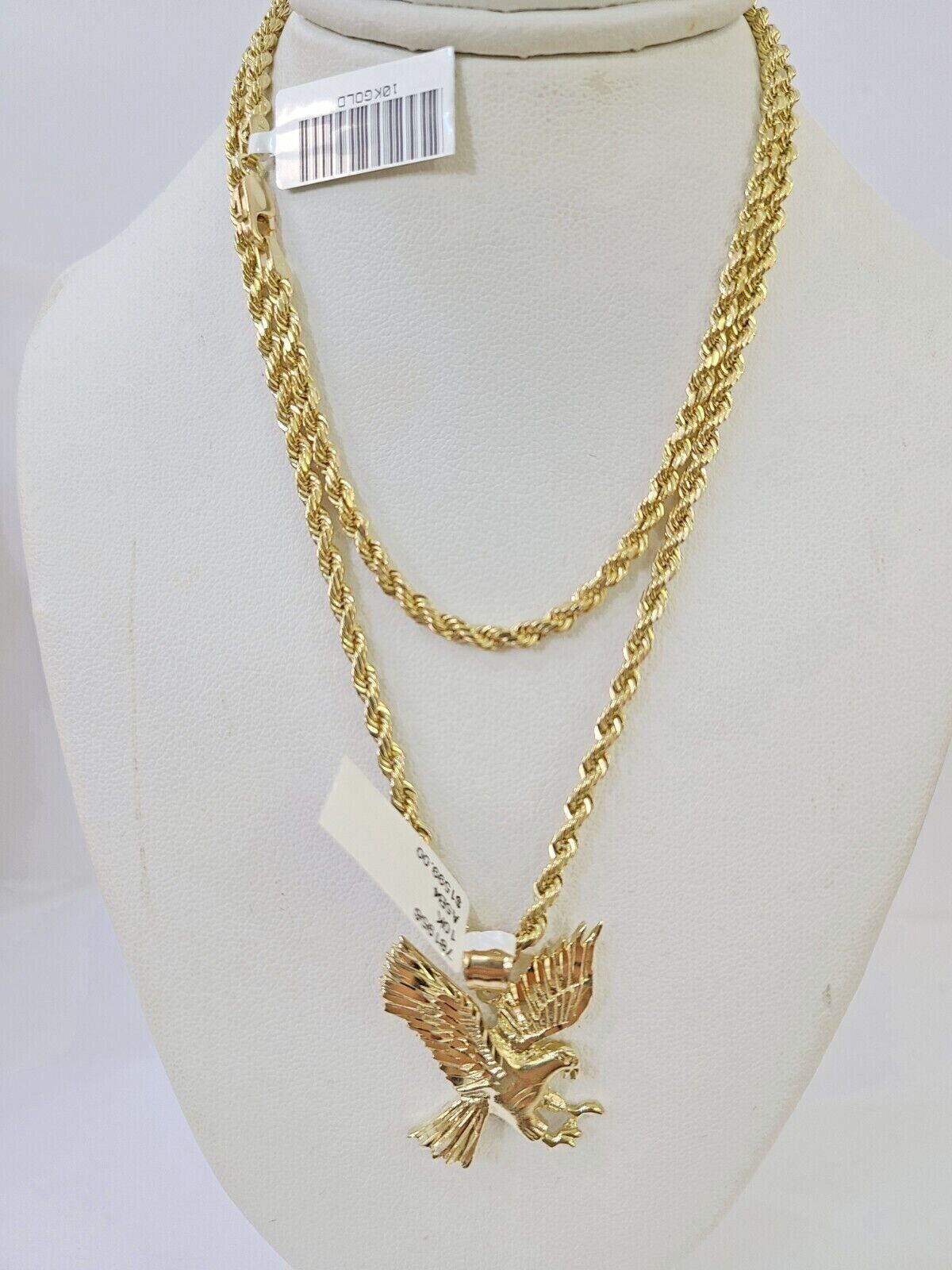 Real 10k 3mm Rope Chain Eagle Pendant 18" 20" 22" 24" 26" Gold Set - GoldenlinQ