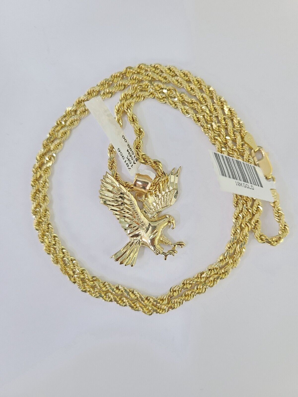Real 10k 3mm Rope Chain Eagle Pendant 18" 20" 22" 24" 26" Gold Set - GoldenlinQ