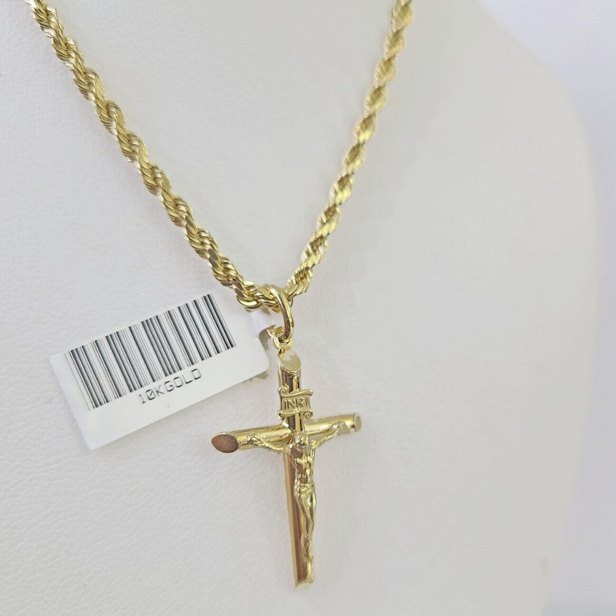 Real 10k Gold 3mm Rope Chain w/ INRI Cross Pendant 18