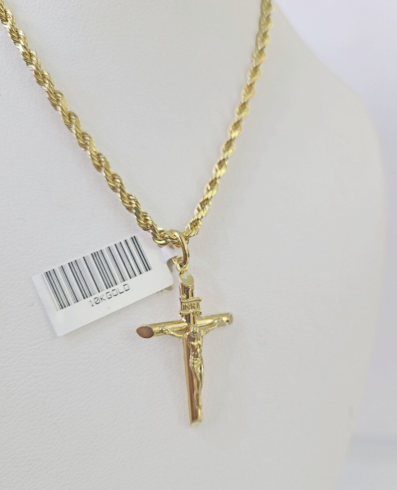 Real 10k 3mm Rope Chain INRI Cross Pendant 18" 20" 22" 24" 26" Gold Set - GoldenlinQ