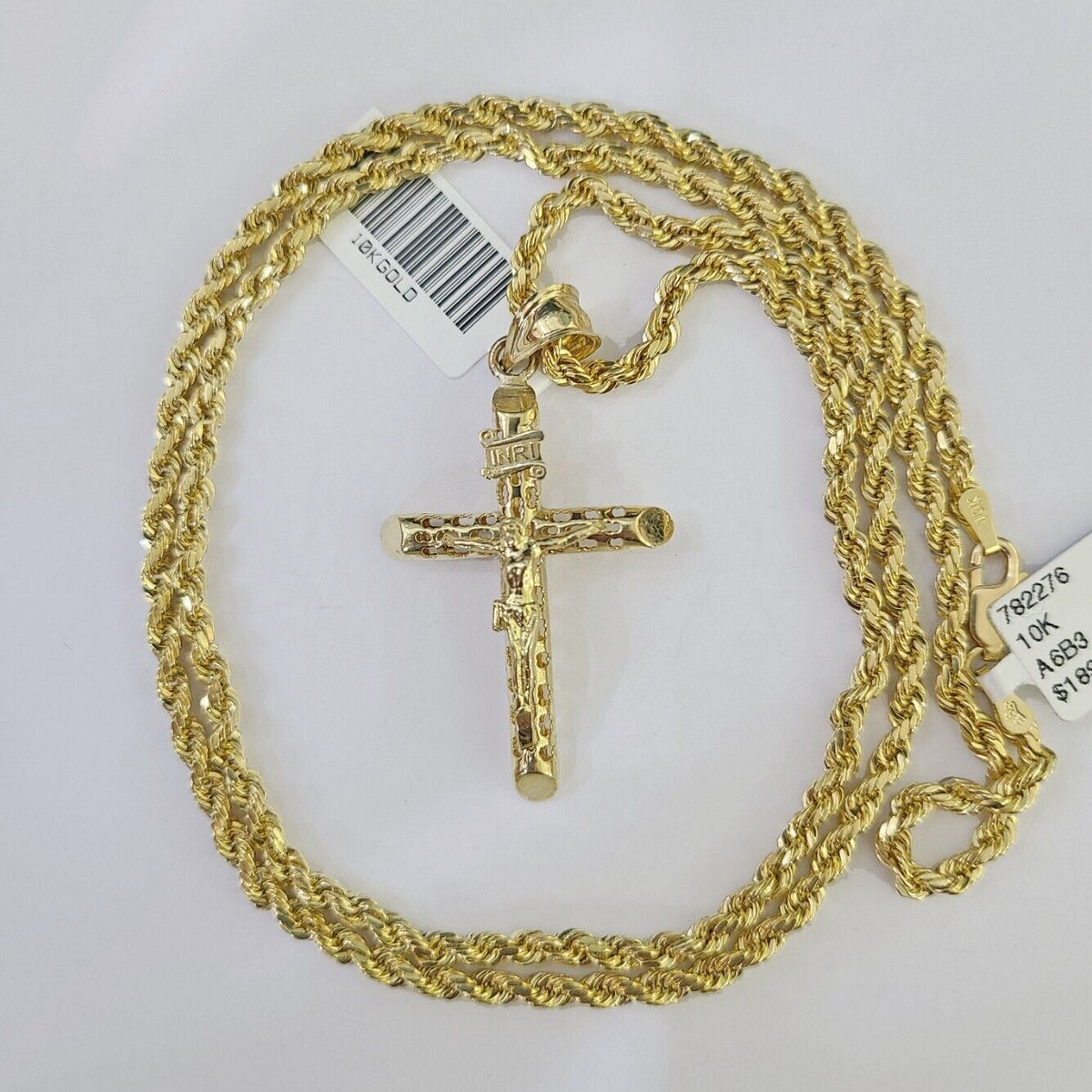 Real 10k Gold Rope Chain INRI Cross Pendant / Necklace 3mm 18