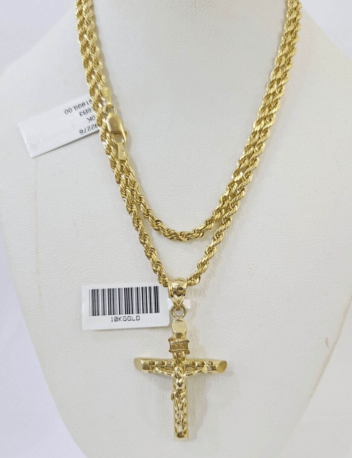 Real 10k 3mm Rope Chain INRI Cross Pendant 18" 20" 22" 24" 26" Gold Set - GoldenlinQ