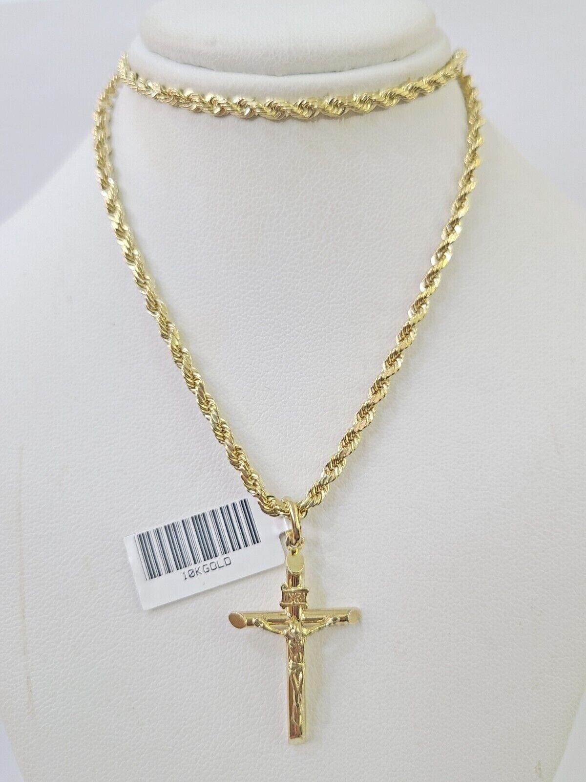 Real 10k 3mm Rope Chain INRI Cross Pendant 18" 20" 22" 24" 26" Gold Set - GoldenlinQ