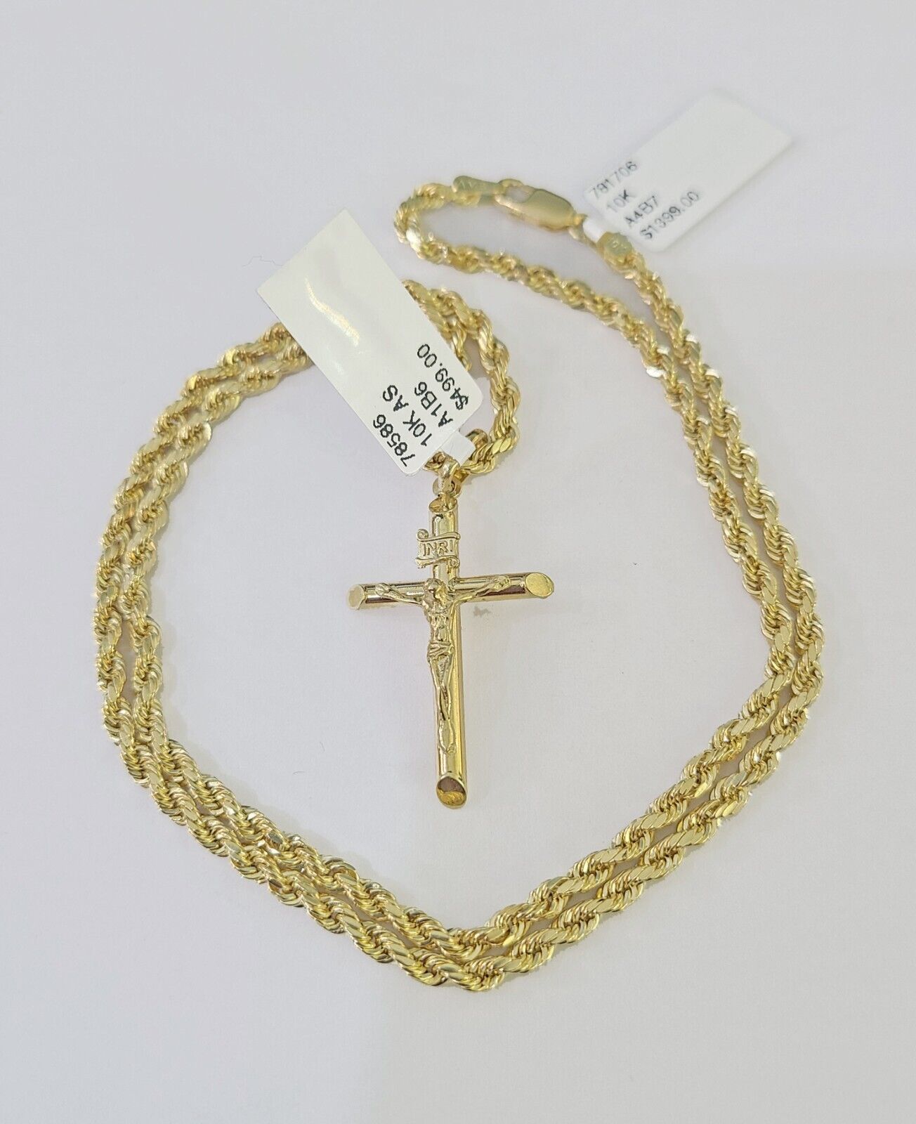 Real 10k 3mm Rope Chain INRI Cross Pendant 18" 20" 22" 24" 26" Gold Set - GoldenlinQ