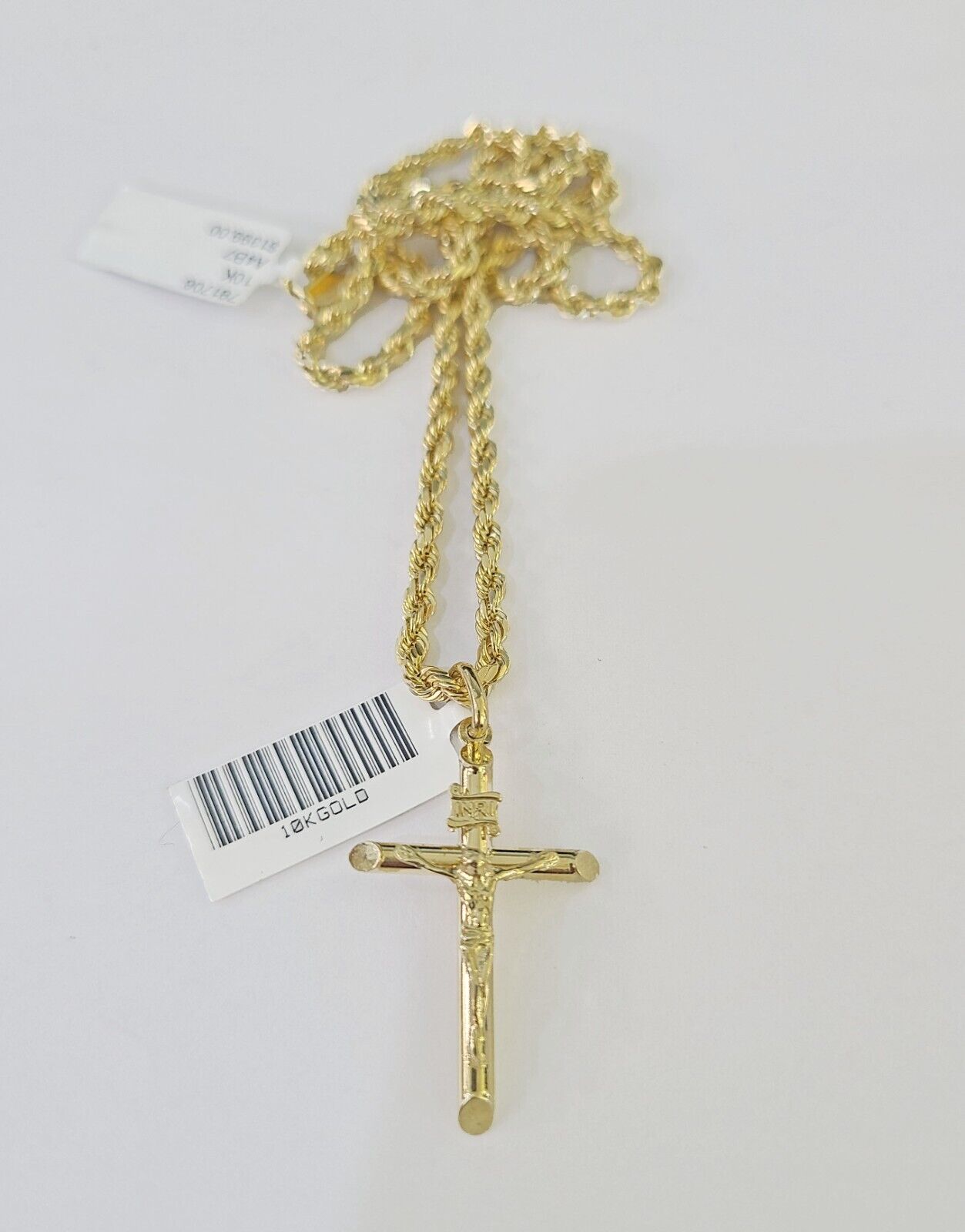 Real 10k 3mm Rope Chain INRI Cross Pendant 18" 20" 22" 24" 26" Gold Set - GoldenlinQ