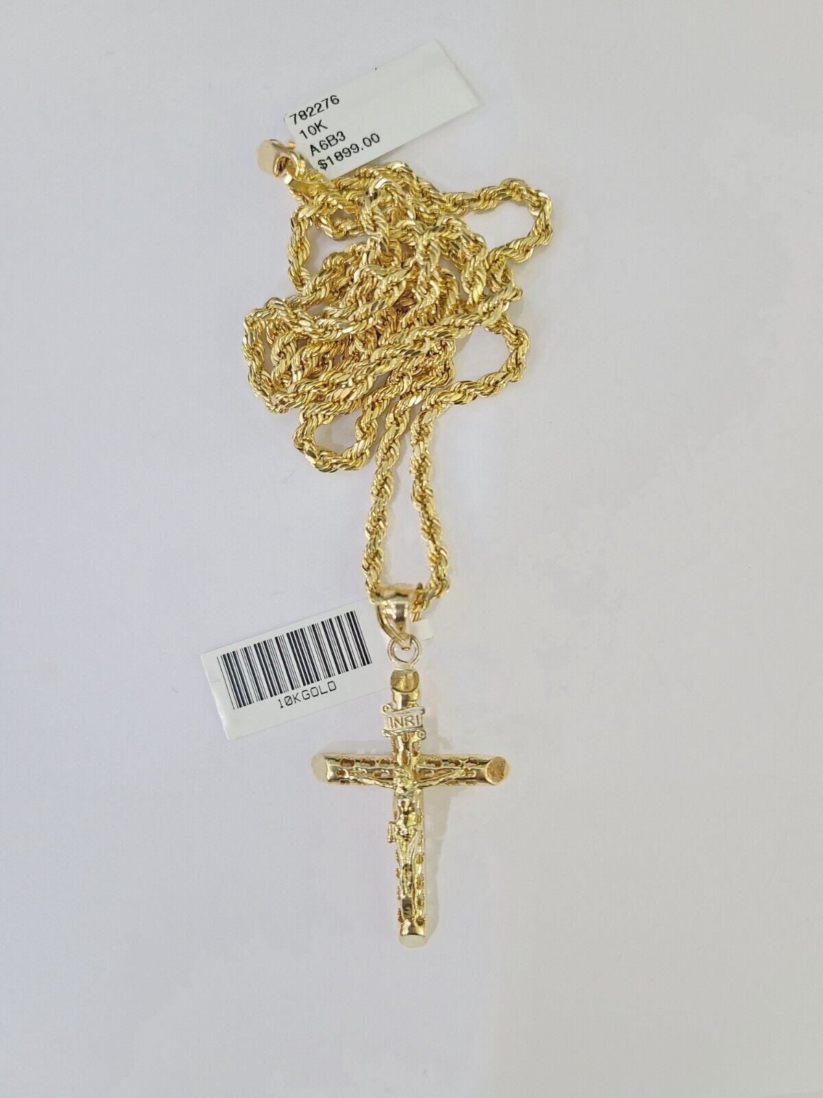 Real 10k 3mm Rope Chain INRI Cross Pendant 18" 20" 22" 24" 26" Gold Set - GoldenlinQ